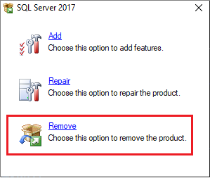 Screenshot que mostra como remover o SQL Server.