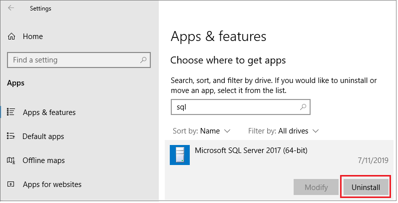 Screenshot mostrando como desinstalar SQL Server.