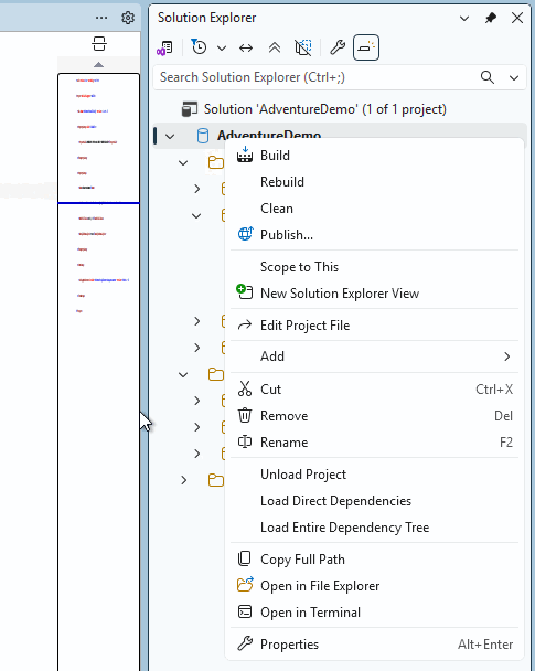 Captura de tela do Solution Explorer no SQL Server Management Studio com a opção Compilar disponível.