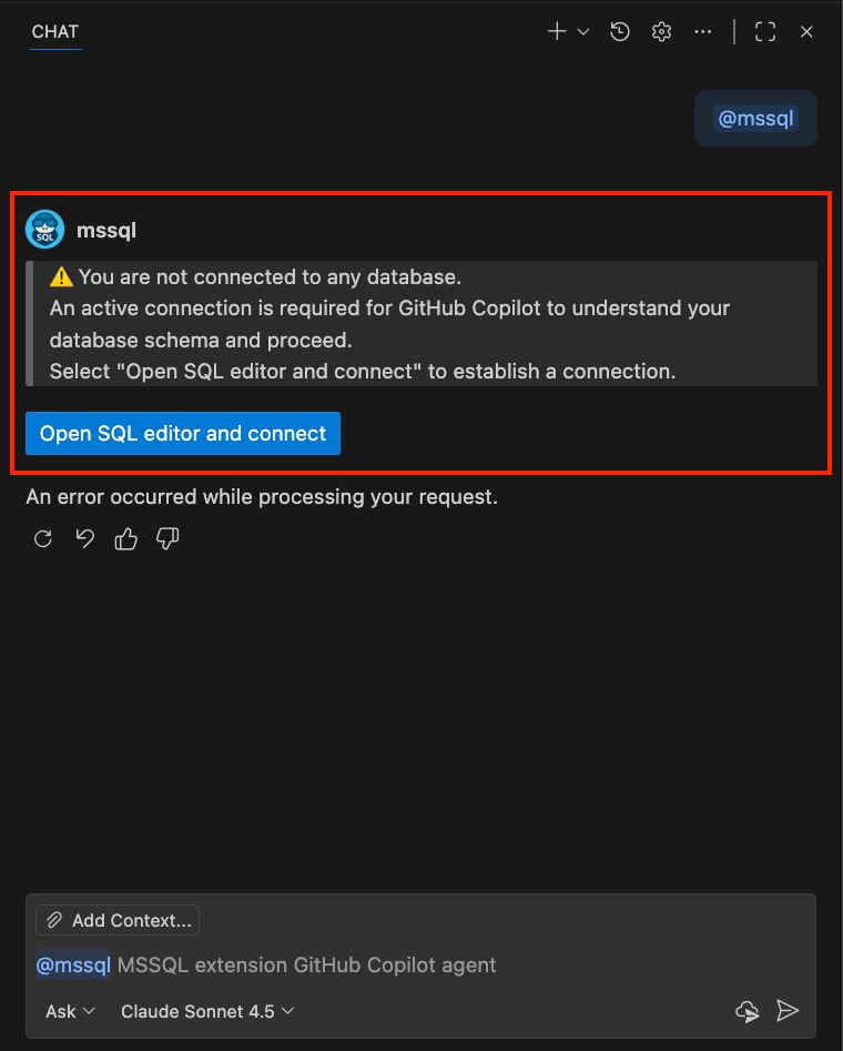 Captura de tela mostrando o participante do chat @mssql não detectando nenhuma conexão de banco de dados e solicitando que o usuário se conecte.