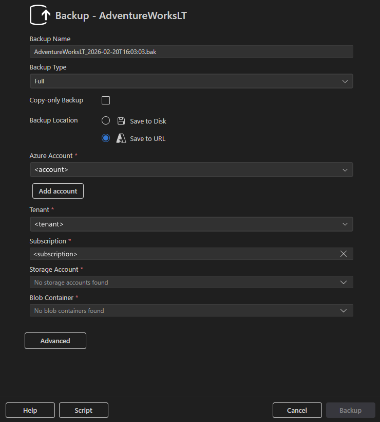 Captura de tela da caixa de diálogo Backup com Salvar na URL selecionada mostrando campos de configuração do Azure.
