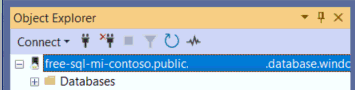Captura de tela de uma conexão com uma Instância Gerenciada de SQL do Azure no Pesquisador de Objetos.