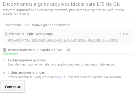 Captura de tela de arquivos adequados para o importador de Armazenamento de Arquivos Grandes do Git.