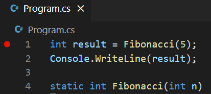 Captura de tela de um ponto de interrupção adicionado na janela do editor do Visual Studio Code.