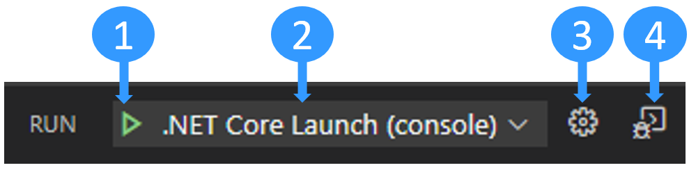 Captura de tela dos controles da barra lateral de depuração do Visual Studio Code.