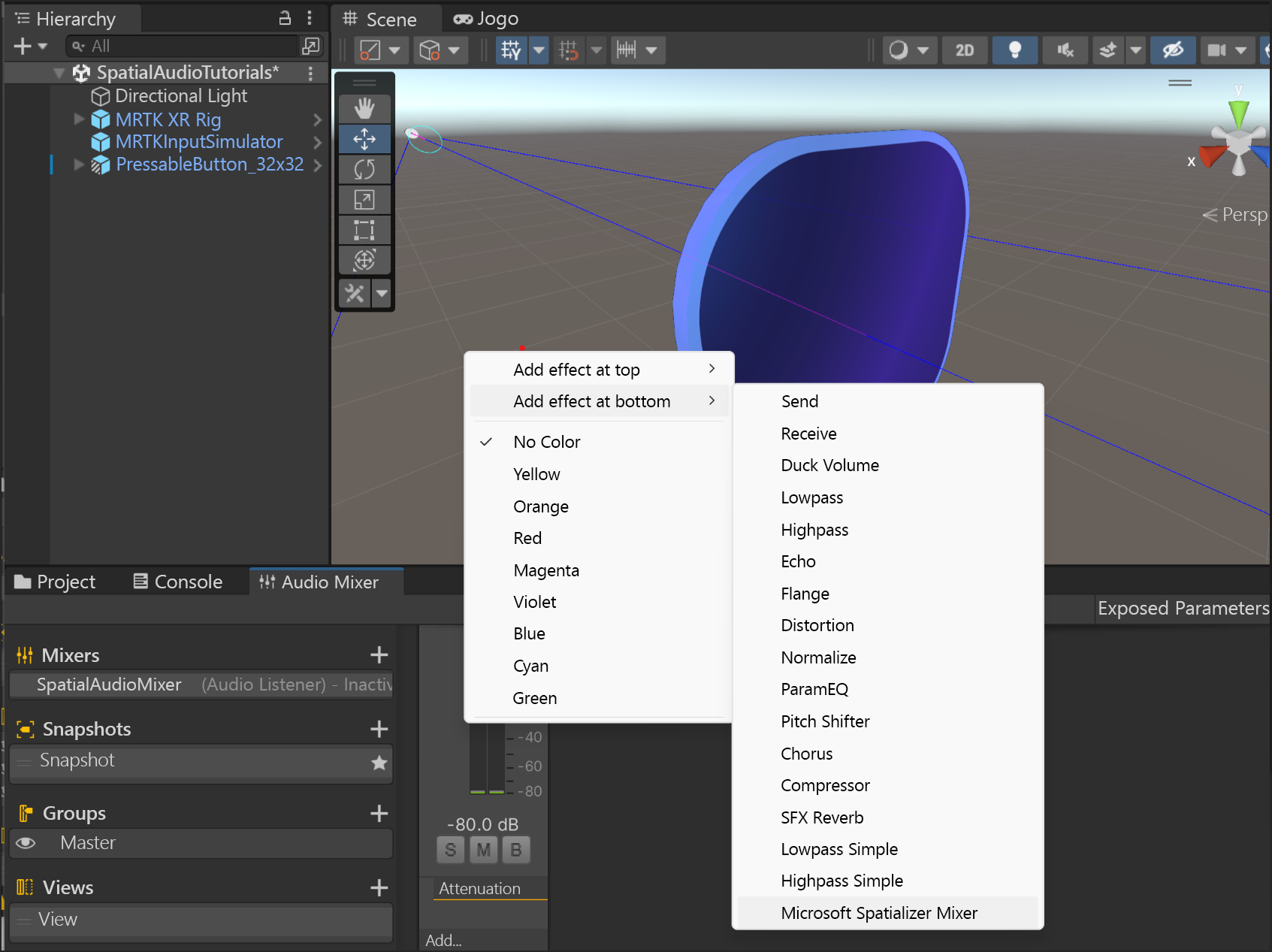 Captura de tela do painel Mixer: adicionando efeito ao primeiro mixer.