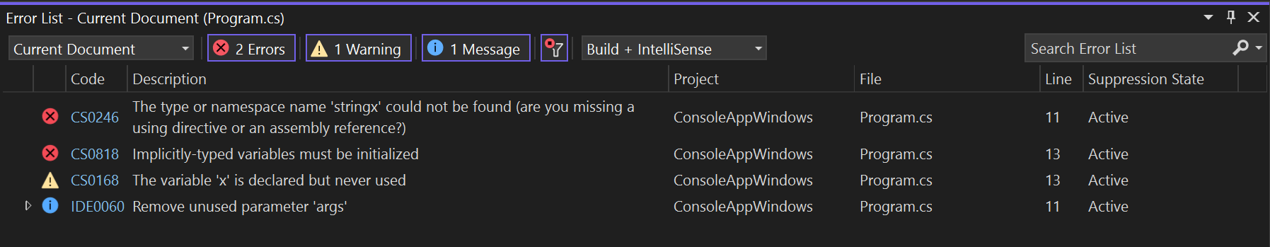 Captura de tela que mostra as violações do analisador na janela Lista de Erros.