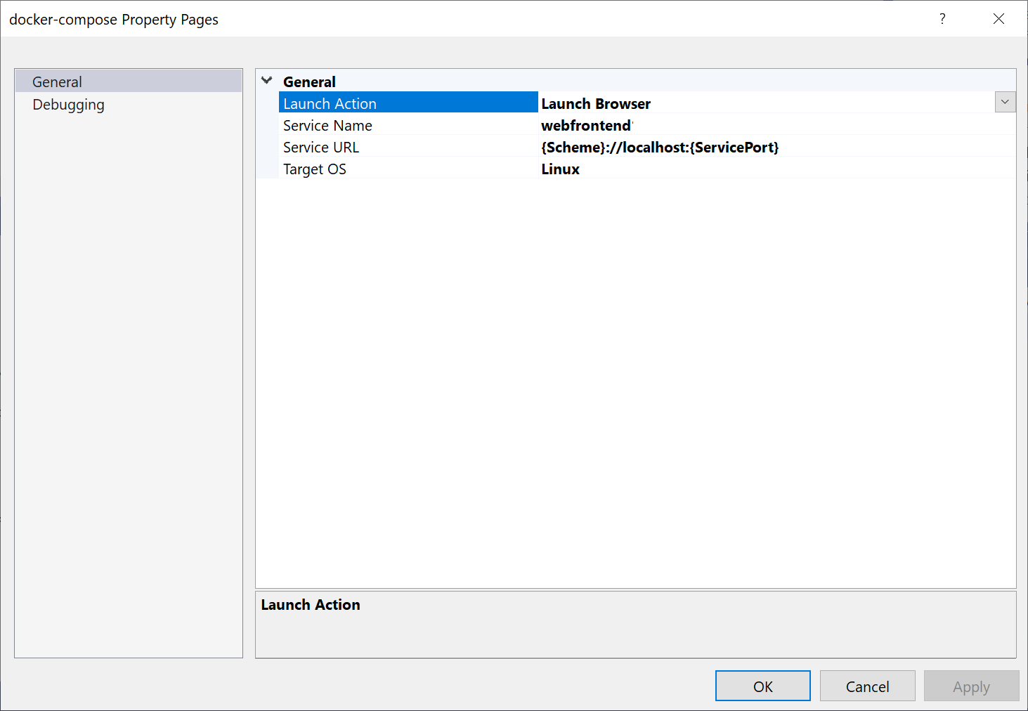 captura de tela das propriedades do projeto do Docker Compose.