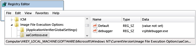 Entrada de início do depurador automático no regedit.exe