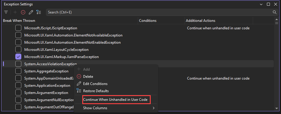Captura de tela da configuração Continuar Quando Não Tratada no Código do Usuário.