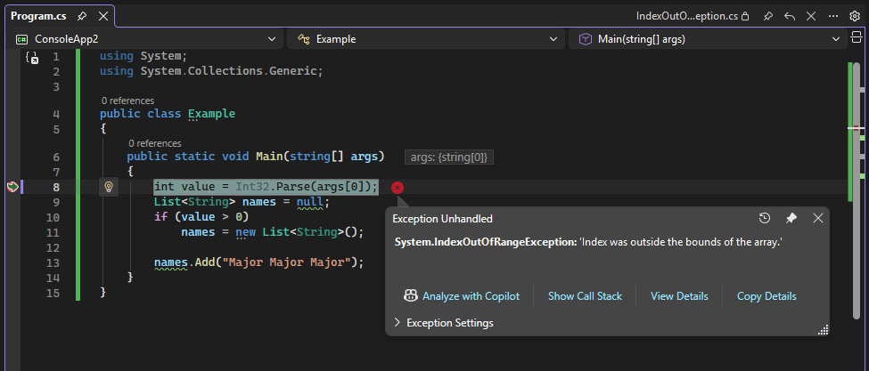 Captura de tela do botão Perguntar ao Copilot em uma exceção.