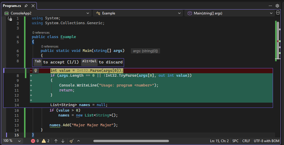 Screenshot da correção sugerida por Copilot.