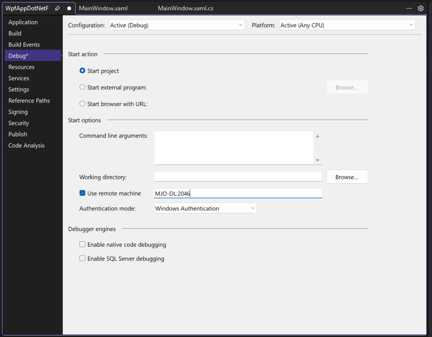 Captura de tela da guia Depurar nas Propriedades do Projeto do Visual Studio. A propriedade Usar computador remoto está definida como 'MJO-DL:4026'.