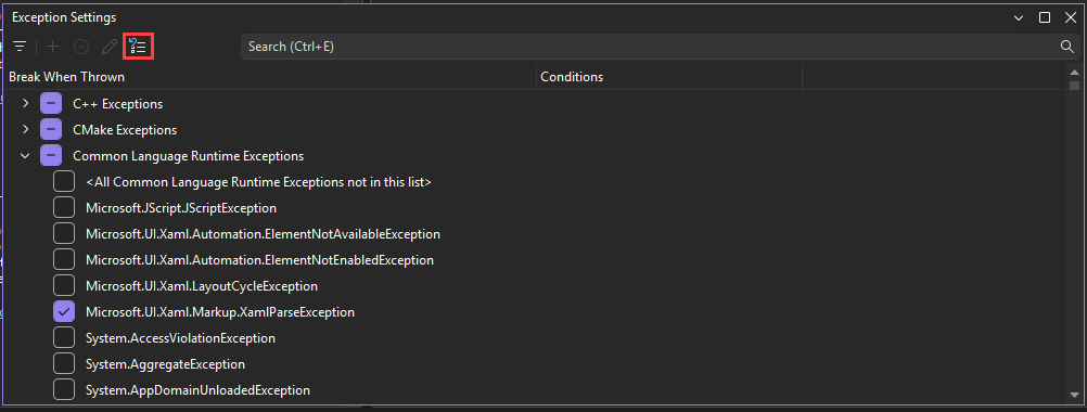 Captura de tela do botão Restaurar padrões nas Configurações de Exceção.