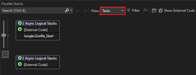 Captura de tela da visualização de Tarefas na janela Pilhas Paralelas.