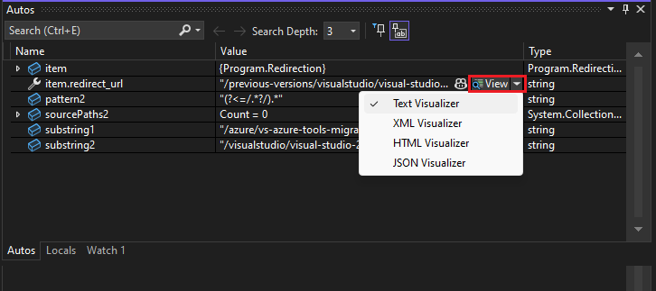 Captura de tela de Abrir um visualizador de cadeia de caracteres.