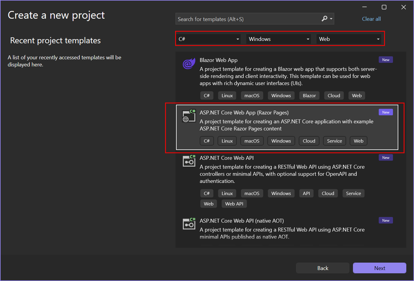 Captura de tela que mostra o modelo de projeto do ASP.NET Core Web App selecionado e realçado na página Criar um novo projeto.