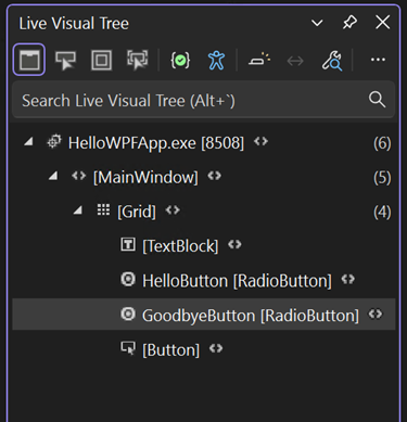Captura de tela da janela Árvore Visual Dinâmica, mostrando a árvore de elementos visuais em HelloWPFApp.exe durante a execução.