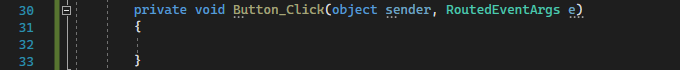 Captura de tela mostrando o código C# para o manipulador de eventos de Button_Click padrão.
