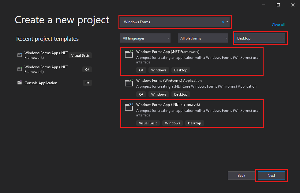 Captura de tela que mostra a caixa de diálogo Criar um novo projeto no Visual Studio 2022 com a caixa de pesquisa, a lista de tipos de projeto e dois modelos destacados.