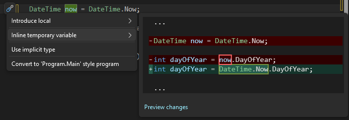 Screenshot mostrando a sugestão de variável temporária inline no Visual Studio.