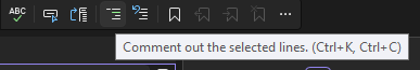Captura de tela do botão Comentar na barra de ferramentas do Editor de Texto no Visual Studio.