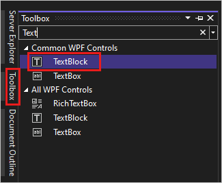 Screenshot mostrando a janela Caixa de Ferramentas no Visual Studio 2022 com o controle TextBlock realçado na lista de Controles Comuns de WPF.