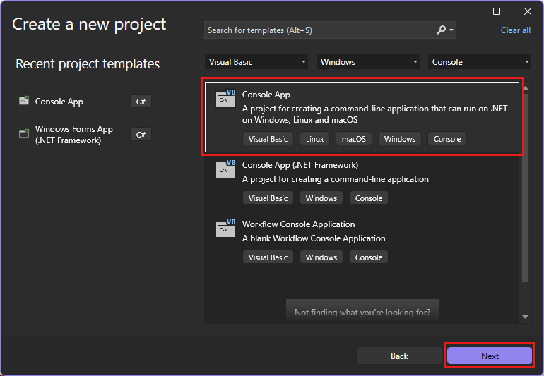 Captura de tela mostrando a janela Criar um novo projeto com 'console' na caixa de pesquisa e 'Visual Basic' e 'Windows' selecionados para os filtros de Linguagem e Plataforma e o modelo de projeto do Aplicativo de Console selecionado.