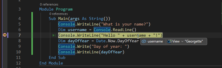 Screenshot que mostra um valor variável durante a depuração em Visual Studio.