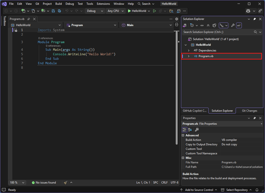 Screenshot que mostra a Visual Studio IDE com o código Program.vb no editor.