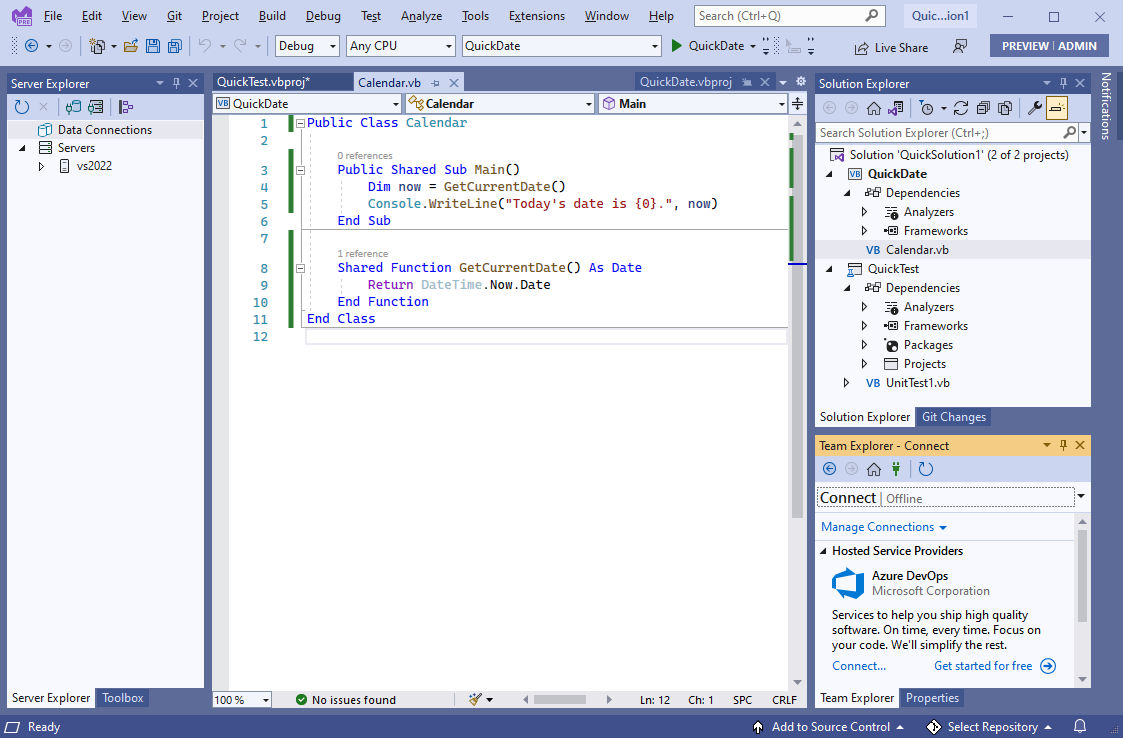 Captura de tela que mostra o Visual Studio no tema azul.