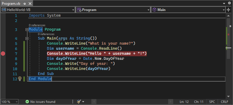 Screenshot que mostra um ponto de interrupção em uma linha de código no Visual Studio 2022.