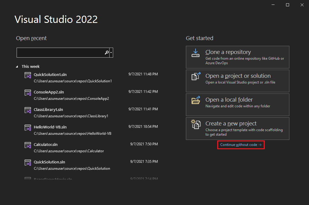 Screenshot da tela inicial do Visual Studio, com o link Continuar sem código realçado.