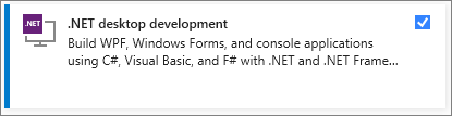 Screenshot da carga de trabalho para desenvolvimento de desktop do .NET selecionada no Visual Studio Installer.