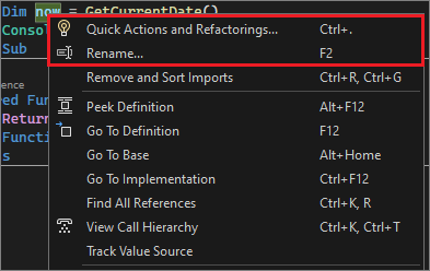 Captura de tela do menu Refatoração no Visual Studio 2022.
