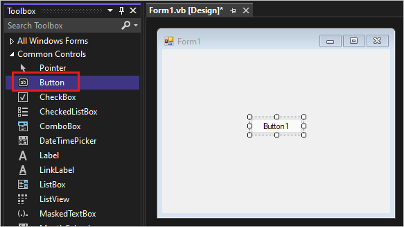 Captura de tela mostra o controle Button adicionado ao formulário.