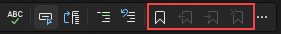 Captura de tela dos comandos e ícones de Marcadores na barra de ferramentas do editor de texto do Visual Studio.