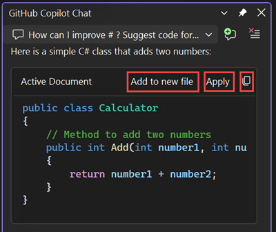 Captura de tela das opções para copiar o bloco de código, inserir código em um novo arquivo ou inserir código no arquivo atual.