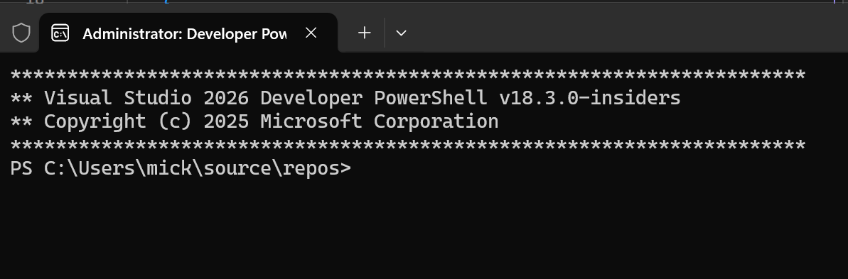 Captura de tela da ferramenta PowerShell do Desenvolvedor no Visual Studio.