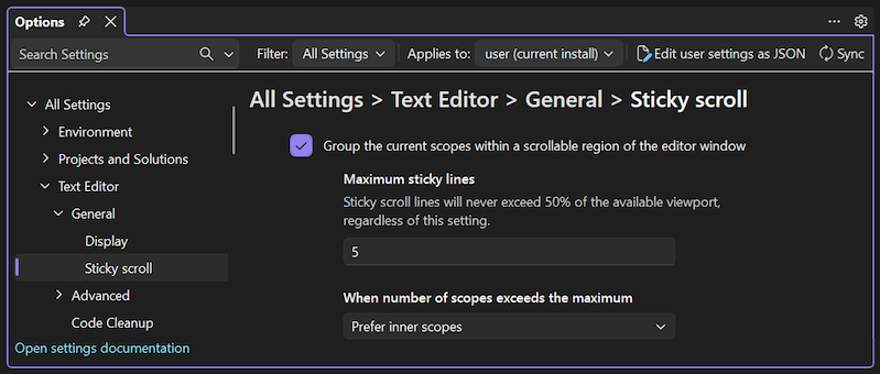 Captura de tela das opções de escopo interno e externo do Sticky Scroll.