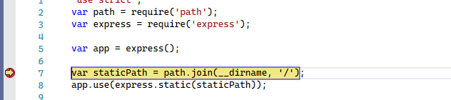Captura de tela da janela do Visual Studio Code mostrando o código JavaScript. Um ponto vermelho na sarjeta esquerda com seta amarela indica uma pausa na execução do código.