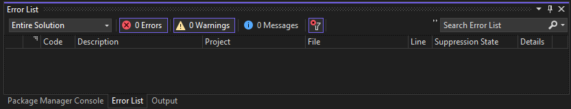 Captura de tela da Lista de Erros no Visual Studio.
