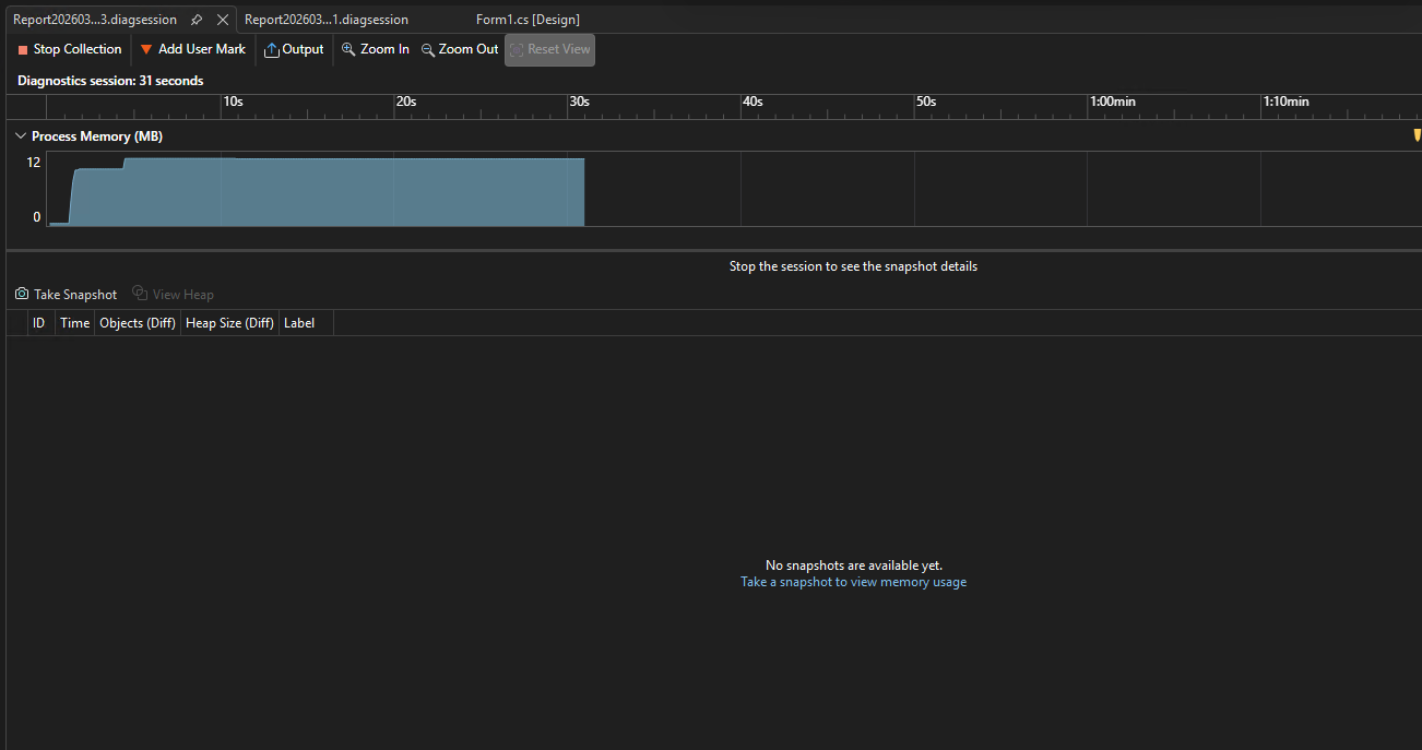Screenshot da janela Ferramentas de Diagnóstico no Visual Studio Performance Profiler mostrando um grafo da linha do tempo do uso de memória do aplicativo.