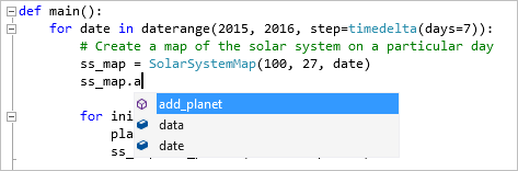Captura de tela que mostra as completações de código para código Python no Visual Studio.