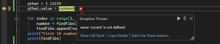 Captura de tela do depurador do Visual Studio para Python mostrando um pop-up de exceção.