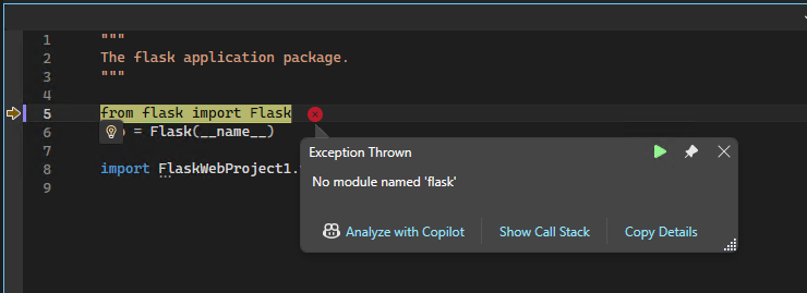 Captura de tela do depurador do Visual Studio para Python mostrando um pop-up de exceção.