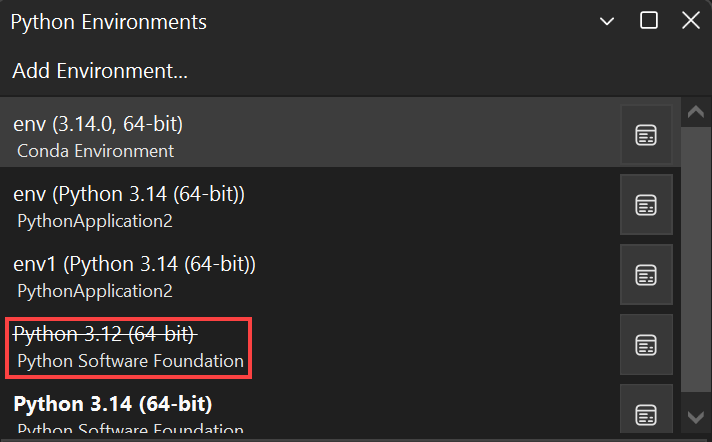 Captura de tela de um ambiente inválido na janela Ambientes do Python.