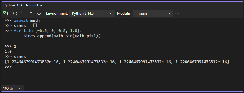 Captura de tela que mostra a exibição expandida da janela interativa do Python no Visual Studio.