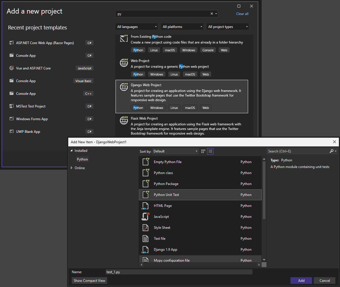 Captura de tela dos modelos de projeto e item do Python no Visual Studio.