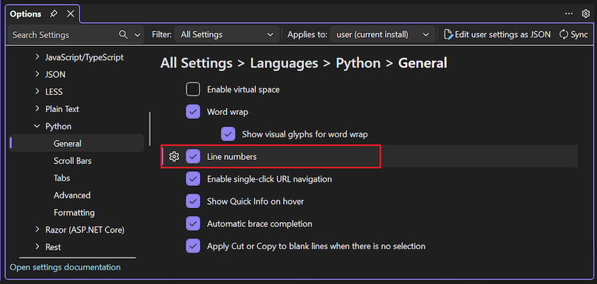 Captura de tela que mostra como ativar a exibição de números de linha no editor com a opção de Números de Linha em Idiomas > Python > Geral.